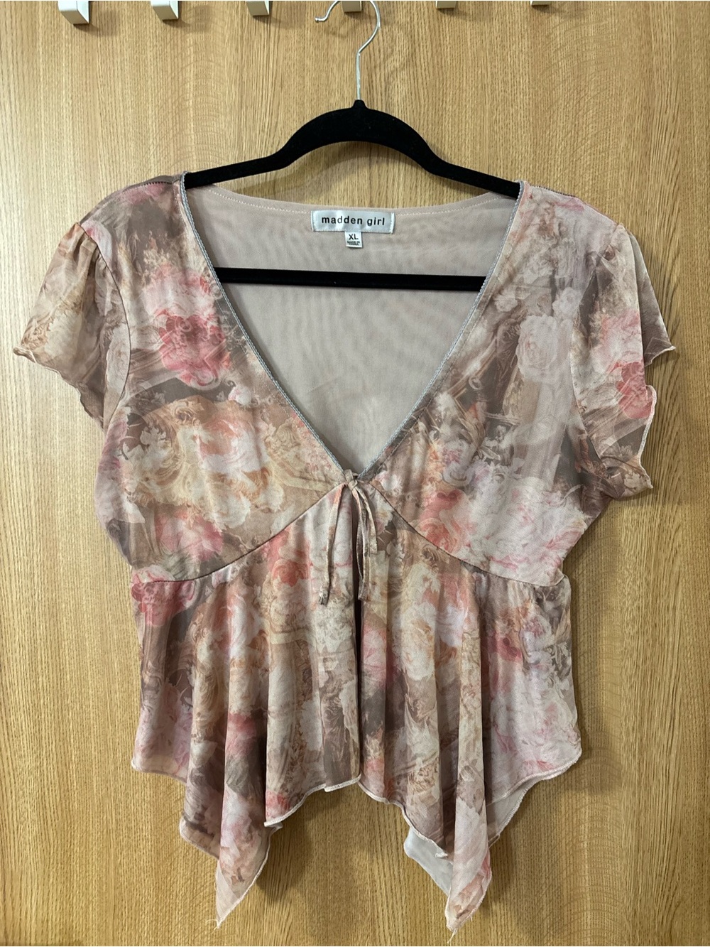 Madden Girl Mesh Blush and Beige Floral Tie-Front V-Neck Top